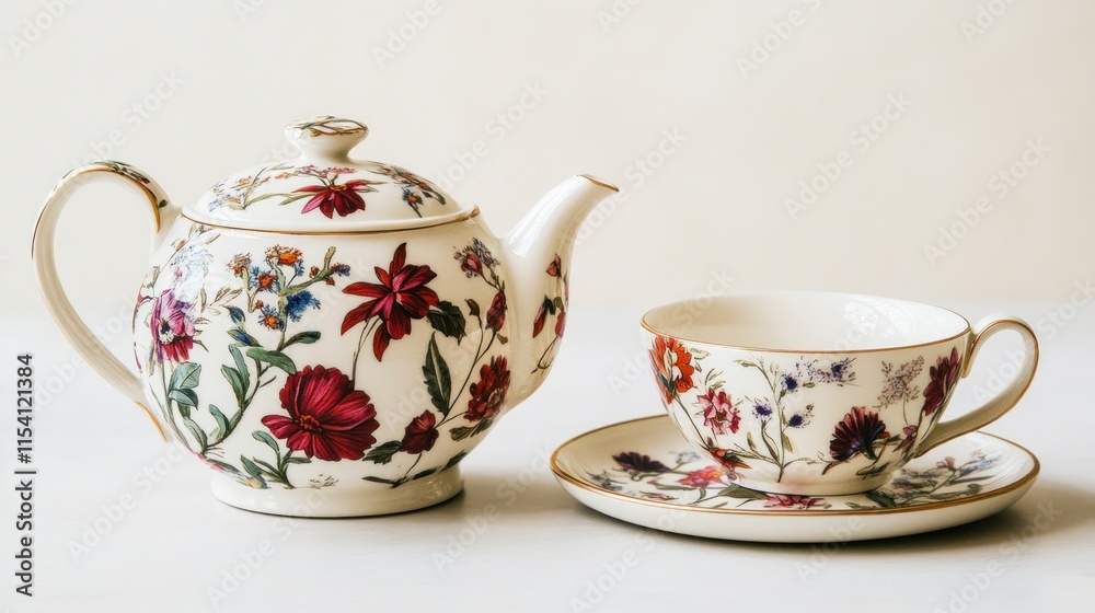 Floral teapot and teacup set on white background. Floral teapot and teacup set on white background.