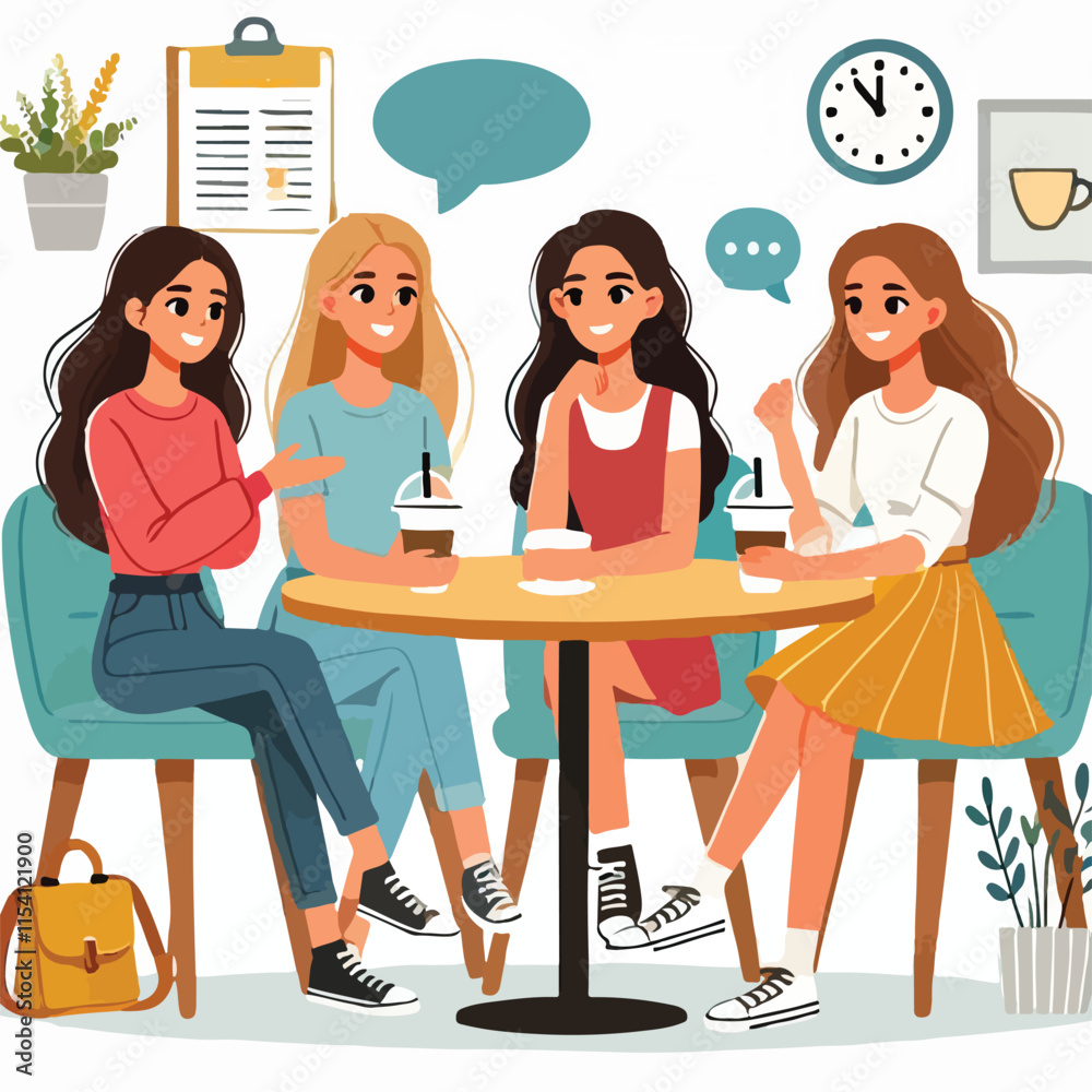 Flat young girl friends in cafe on meeting vector image vector on a white background Flat young girl friends in cafe on meeting vector image vector on a white background
