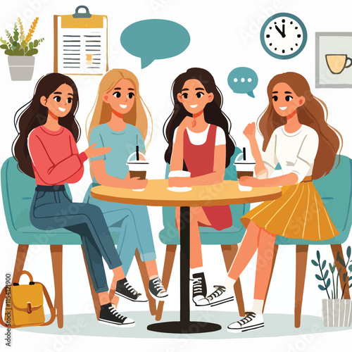 Flat young girl friends in cafe on meeting vector image vector on a white background