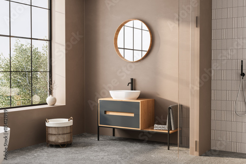 Beige bathroom interior with double sink and mirror, carpet on hardwood floor, bathtub, plants. Bathing accessories and window in hotel studio.