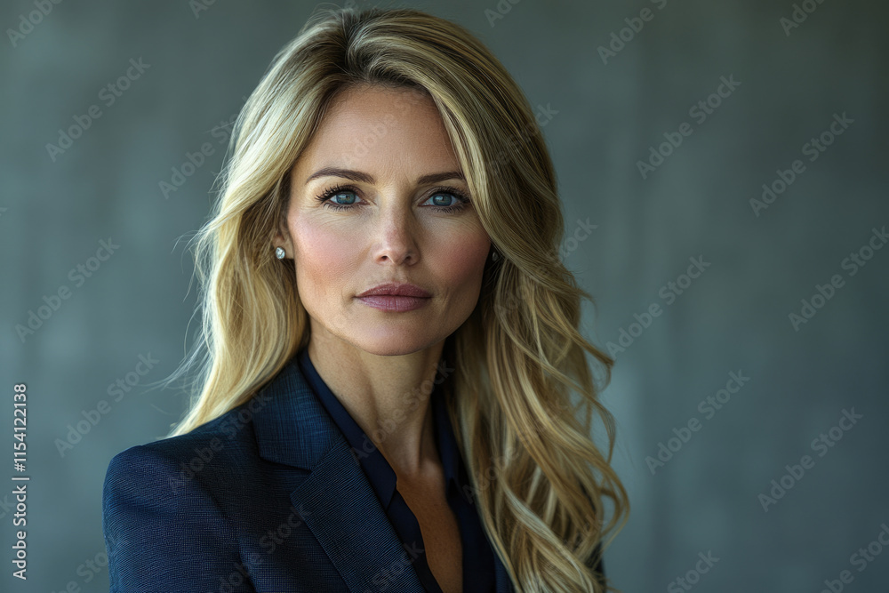 Fototapeta premium A blonde woman in a dark blazer, serious expression, looking directly at the camera.