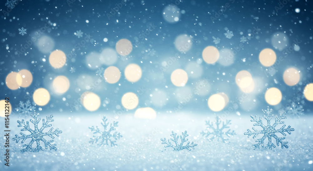 Fototapeta premium Winter Snowflakes on Frosted Ground with Bokeh Lights and Soft Focus