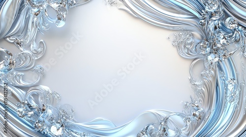 Intricate silver and blue abstract ornamental frame with swirls and flowers on a white background, perfect for invitations or greeting cards.
