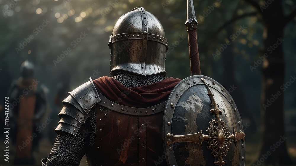 view of epic powerful medieval knight with sword and metal shield guardian warrior, mystic fantasy battle view of epic powerful medieval knight with sword and metal shield guardian warrior, mystic fantasy battle