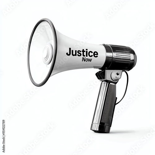 A megaphone displaying the message 'Justice Now,' symbolizing advocacy for social justice and the call for equality. Powerful tool for activism. photo