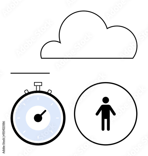 Cloud outline stopwatch human icon and line arranged gracefully. Ideal for concepts thumbs up technology, time management, user experience, minimalism, communication, simplicity, abstracts. Line