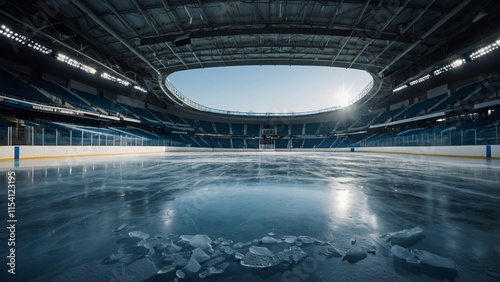Ice hockey stadium interior goalkeeper view illuminated by spotlights. Hockey and skating stadium indoor 3D render illustration background.