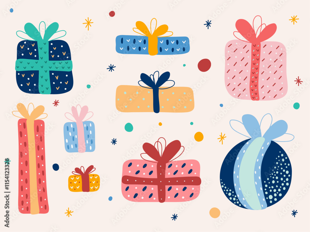 Ilustración vectorial de regalos de navidad o de cumpleaños con envolturas decoradas con estilo de tiza. Regalos coloridos y dibujados a mano para tarjetas de felicitación o fondos