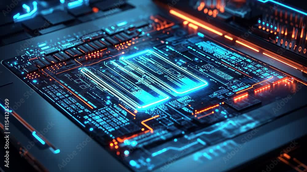 Glowing blue digital interface display on a modern laptop showcasing advanced technology and vibrant graphics, A laptop with glowing blue digital interface, representing technology, innovation