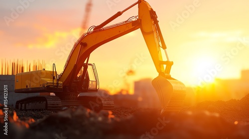 A yellow excavator at a construction site during sunset, emphasizing the machinery's power against a vibrant sky. photo