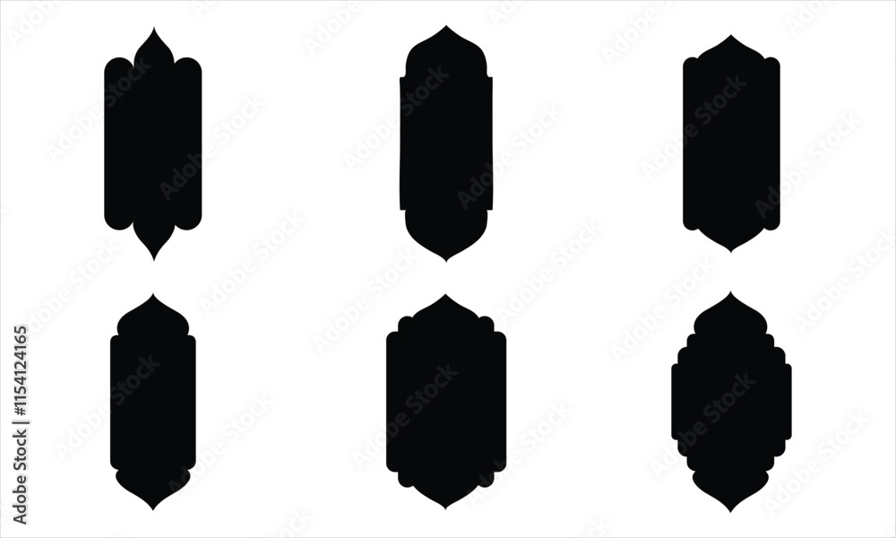 Traditional islamic window shapes in oriental style. Set of black silhouette eid mubarak decorative arches, mosque borders or moroccan gates. Arabic muslim architecture design elements, ramadan frames