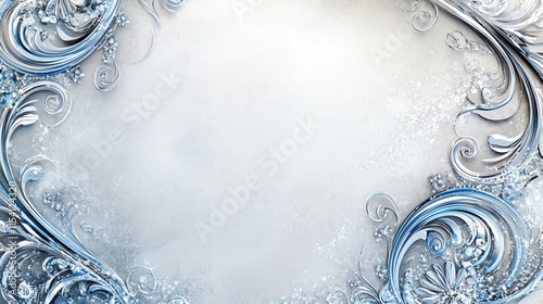 Elegant silver and blue ornamental frame with intricate floral motifs on a soft white background.