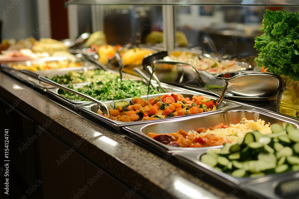 Fototapeta premium buffet table with a variety of food, including vegetables and fruits. The table is set up in a restaurant or cafeteria