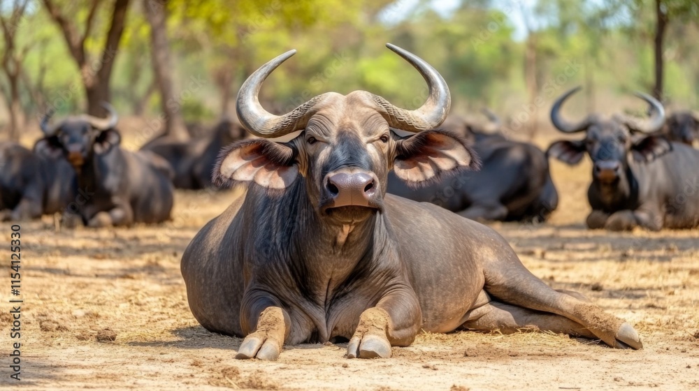 Close-Up of a Water Buffalo Resting in the Sun Under a Tree with a Herd in the Background on a Warm Day in Nature Close-Up of a Water Buffalo Resting in the Sun Under a Tree with a Herd in the Background on a Warm Day in Nature