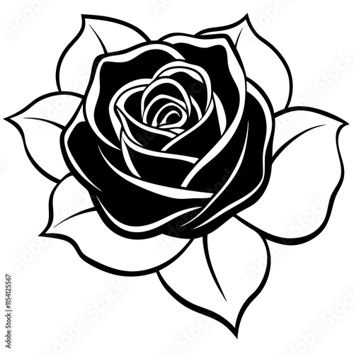 Black Rose in Full Bloom on White Canvas