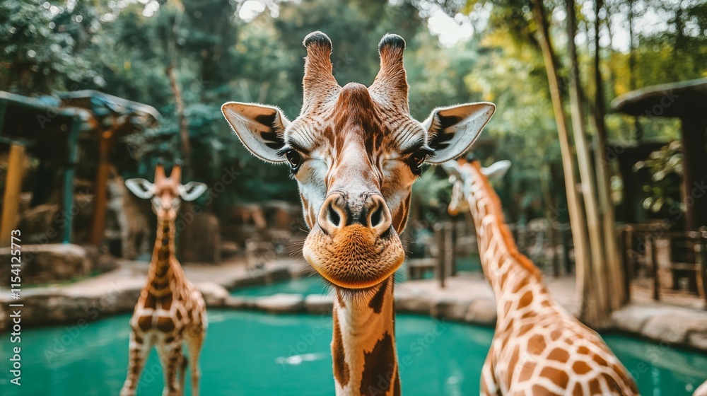 Naklejka premium Close-Up View of a Giraffe Staring Curiously at the Camera in a Lush Green Zoo Habitat Surrounded by Other Giraffes and Natural Elements