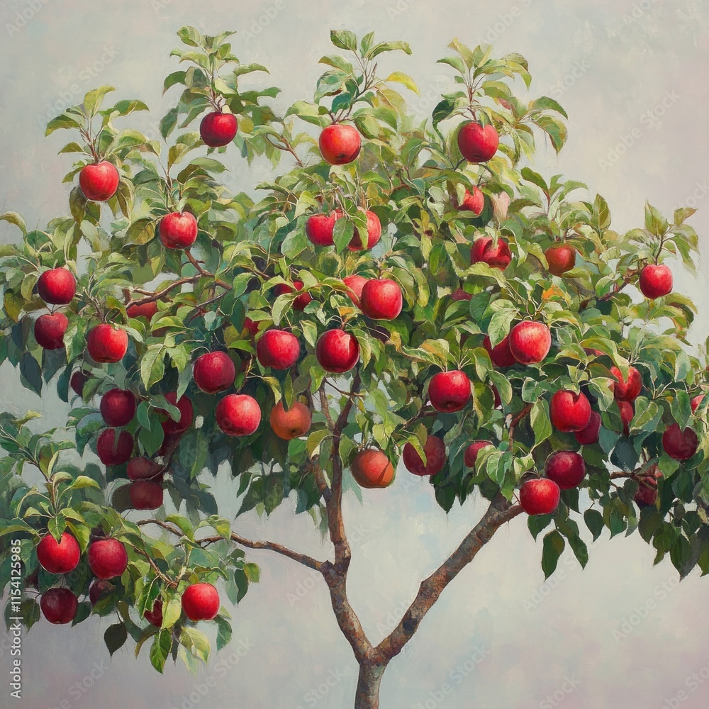 Lush apple tree laden with ripe, red apples against a muted sky. Lush apple tree laden with ripe, red apples against a muted sky.