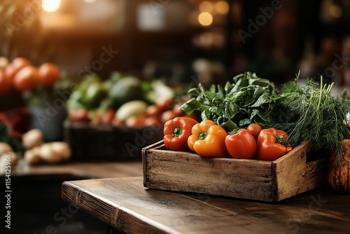 Fresh vegetables and herbs arranged in rustic wooden crates on a market table during the late afternoon photo