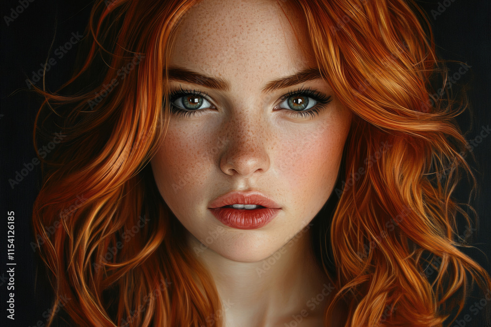Fototapeta premium Close-up portrait of a woman with stunning red hair and freckles, captivating green eyes.