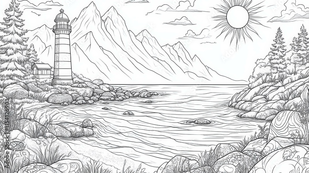 Obraz premium Coastal Landscape with Lighthouse Illustration