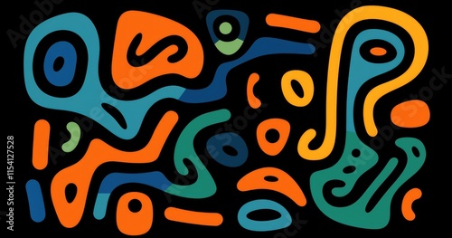 Abstract colorful shapes and lines on a black background, creating a dynamic visual pattern.