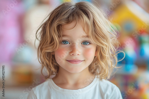 Adorable toddler with blonde curly hair and blue eyes, rosy cheeks, wearing a white shirt.