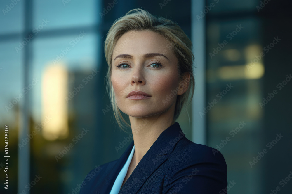A confident businesswoman in a dark blue blazer stands before a modern glass building. A confident businesswoman in a dark blue blazer stands before a modern glass building.