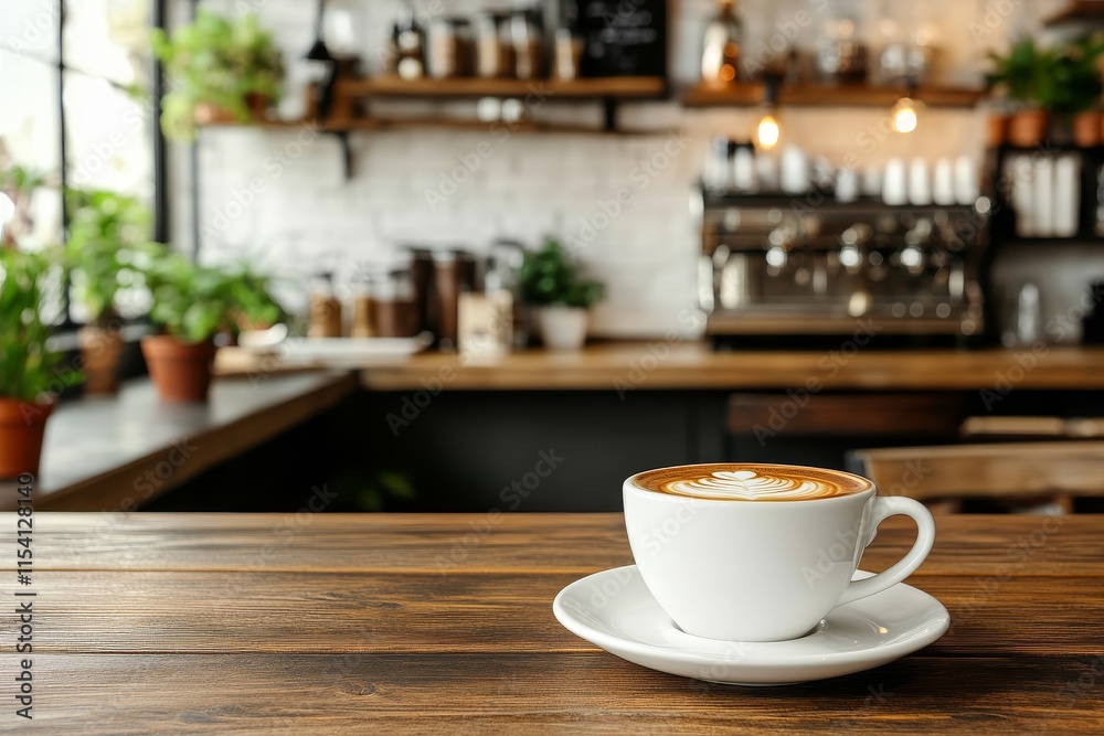 Artisan coffee served in a white cup on a wooden table in a cozy cafe with plants and coffee equipment in the background Artisan coffee served in a white cup on a wooden table in a cozy cafe with plants and coffee equipment in the background