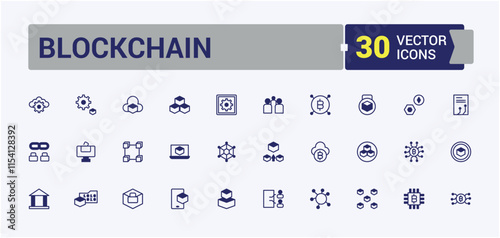 Blockchain Year end icon set. Featuring computer, smart, fin, transfer, finance, on, bit, block. Collection for mobile and web apps. Vector illustration in modern line style.