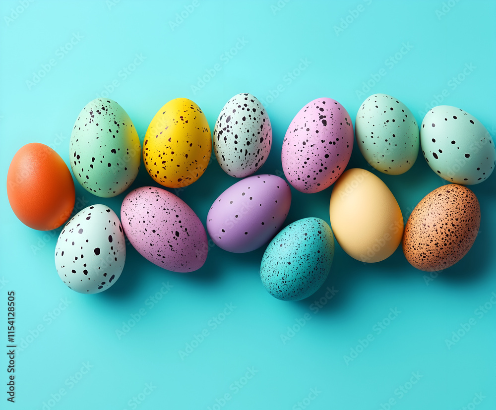 Œufs de Pâques pastel à pois et mouchetures sur fond turquoise vif – Décoration de vacances de printemps Œufs de Pâques pastel à pois et mouchetures sur fond turquoise vif – Décoration de vacances de printemps
