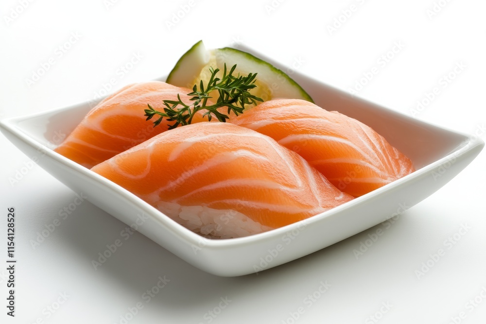 Fresh salmon sushi served elegantly on a white plate garnished with cucumber and herbs Fresh salmon sushi served elegantly on a white plate garnished with cucumber and herbs