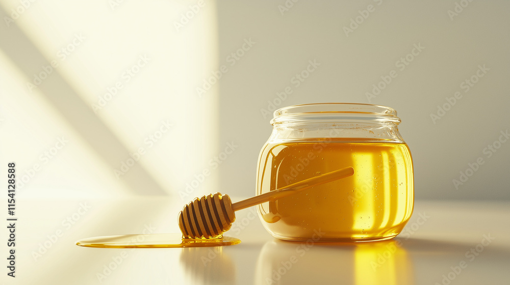 Goldener Honig im Glas mit einem Holzlöffel zum Eintunken
Goldener Honig im Glas mit einem Holzlöffel zum Eintunken