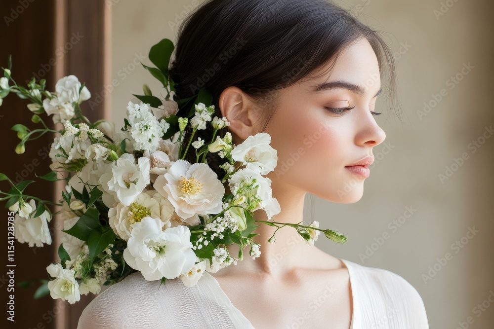 Young woman adorned with a floral arrangement showcases natural beauty in a softly lit indoor setting Young woman adorned with a floral arrangement showcases natural beauty in a softly lit indoor setting