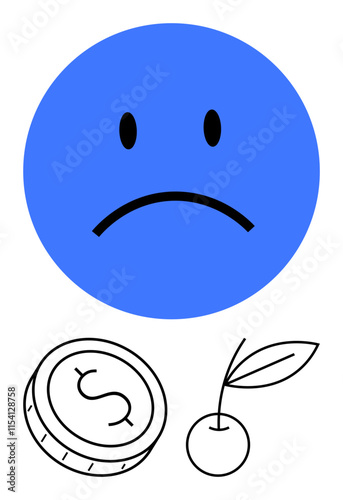 A blue sad face with black features. Below are a coin with a dollar sign and a cherry with a stem and leaf. Ideal for financial loss, sadness, earnings, economy decline, disappointment, agriculture