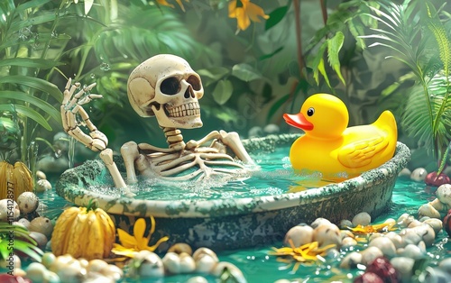 A quirky skeleton enjoying a mud bath, with a rubber duck floating nearby, set in a vibrant spa scene photo