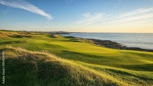 An adventurous golf course on a links course by the sea, Golf clubs set for a challenging round, Links adventure style