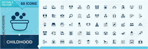 Childhood icon set. Includes thin line children, cute, kid, art, car, kids, baby and more. Collection for mobile and web apps. Outline and solid pictogram.