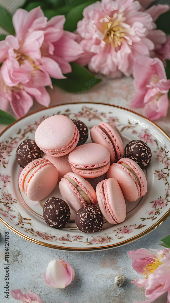 Fototapeta premium A decorative plate of pink macarons and chocolate treats surrounded by pink flowers.