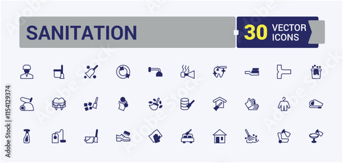 Sanitation icon set. Related to housekeeping, infection, household, house, bath and more. Set of line pictogram. Solid line editable stroke. Vector line and solid icons.
