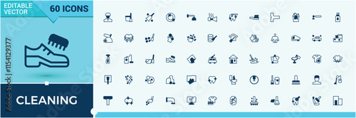 Cleaning icon pack. It contains symbols to sanitize, bath, brush, house, service, infection, web and more. Outline symbol collection. Solid line editable vector illustration.