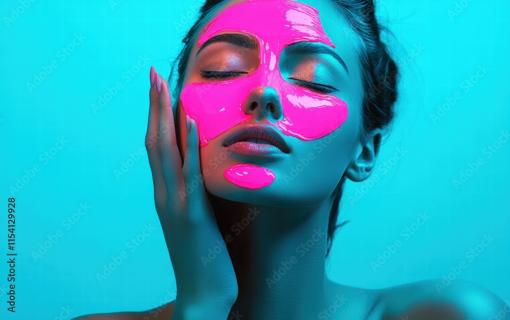 Peaceful woman with a glowing pink face mask, on a turquoise background spa and relaxation Peaceful woman with a glowing pink face mask, on a turquoise background spa and relaxation