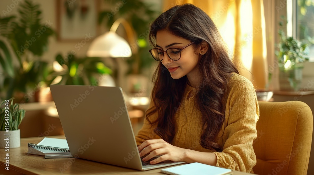 Woman Working on Laptop in Cozy Home Office Woman Working on Laptop in Cozy Home Office