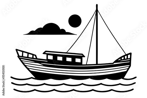 Boat sailing at sunset flat vector art silhouette illustration