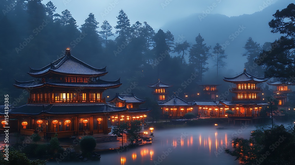 Obraz premium Illuminated Asian Temples Mist Shrouded Mountains