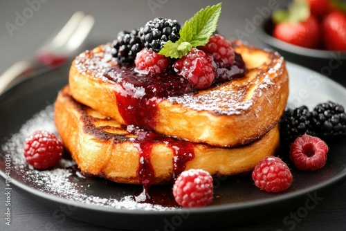 gourmet brunch ideas, indulge in a lavish brunch with bacon jam-filled french toast, drizzled with powdered sugar and topped with berries