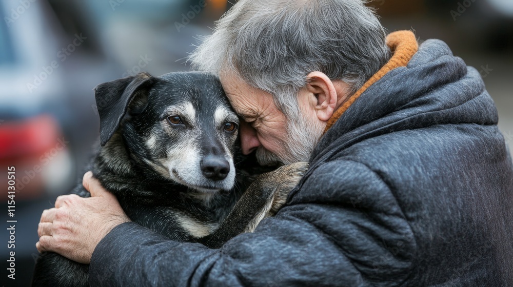 Elderly caucasian male embracing black dog in outdoor urban setting