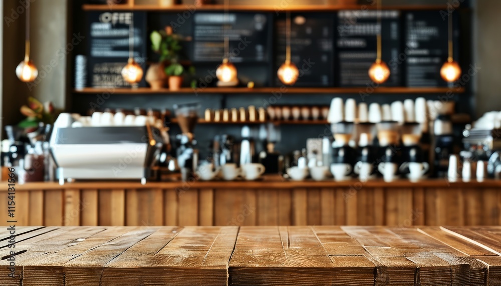 Rustic Wooden Table Top with Blurred Coffee Shop Background and Warm Lighting Effects Rustic Wooden Table Top with Blurred Coffee Shop Background and Warm Lighting Effects