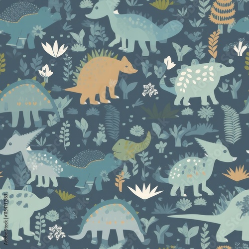 Colorful dinosaur patterns featuring stegosaurus, triceratops, and other prehistoric creatures surrounded by foliage. Generative AI photo