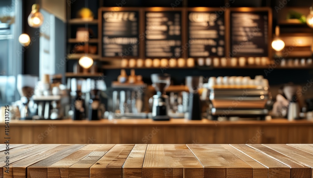 Close-Up of Wooden Table Top with Blurry Coffee Shop Counter Background and Warm Lighting Close-Up of Wooden Table Top with Blurry Coffee Shop Counter Background and Warm Lighting