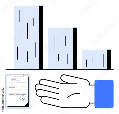 Bar chart visualizes growth, handshake symbolizes collaboration, signed document represents agreement. Ideal for business, growth, partnership, finance, negotiation contract teamwork themes. Line